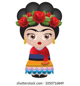 Frida Kahlo Kokeshi Doll - Illustration Vector - Roses