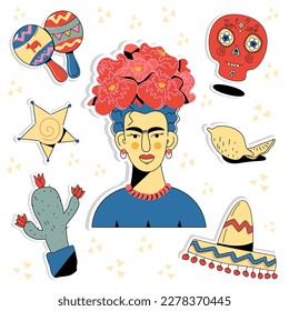 Frida Kahlo mexikanische Aufkleber zum Thema Frida Kahlo. Satz von Vektoraufklebern Kaktus, Stern, Sombrero, Maracas, Zitrone, Calaca