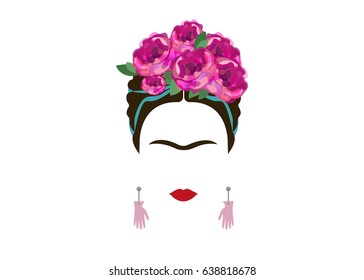 Frida Kahlo Minimalist Portrait With Earrings Hands