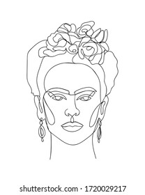  Frida Kahlo Portrait Single Line Sketch. - Vector Illustration