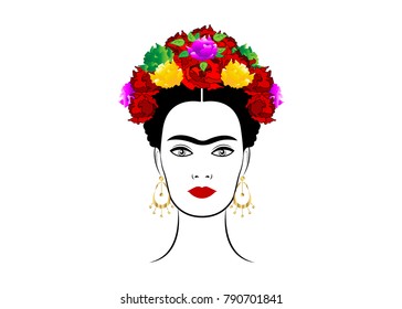 Frida Kahlo vector portrait , young beautiful mexican woman with a traditional hairstyle, Mexican crafts jewelry, vector isolated Frida Kahlo vector portrait , young beautiful mexican woman with a traditional hairstyle, Mexican crafts jewelry, vector isolated