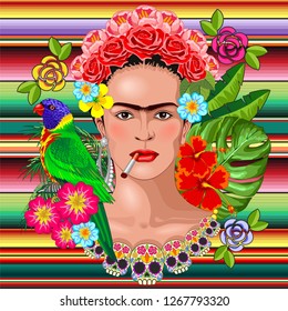 Frida Kaklo Floral Exotic Portrait Vector Illustration