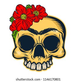 Frida Khalo skull mascot. Vector illustration of Frida Khalo skull with flowers wreath in Mexican style.