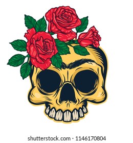 Frida Khalo skull mascot. Vector illustration of Frida Khalo skull with roses wreath in Mexican style.