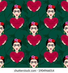 From Frida with love. Vector seamless pattern with Frida Kahlo