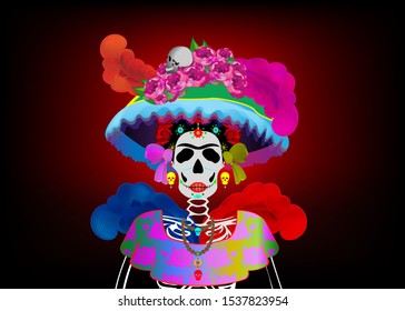 Frida skeleton character of the mexican popular culture
