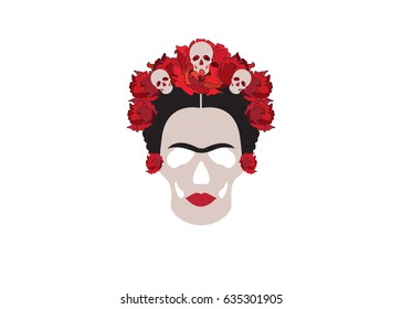 Frida Skull La Calavera , portrait of Mexican Catrina with skulls and red flowers , inspiration Santa Muerte in Mexico , vector isolated 