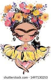 Frida vector illustration portrait, Mexican woman with flower crown, inspiring girl power.