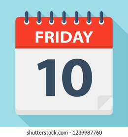Friday 10 - Calendar Icon. Vector illustration of week day paper leaf.