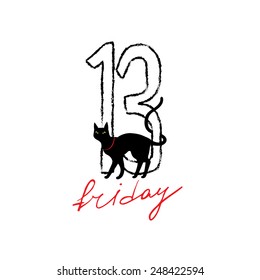 Friday 13 grunge illustration with numerals and black cat. Vector superstition mystic symbol.