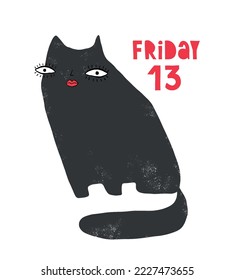 Friday 13. Happy Black Kitty on a White Background. Simple Hand Drawn Vector Illustartion with Smiling Cat.Funny Nursery Art ideal for Cat Lovers, Card, Poster, Wall Art. Halloween Print.