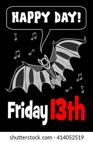 Friday 13th with bat drawing. 13 Friday unlucky day. Cute bat. Bat clipart. 
