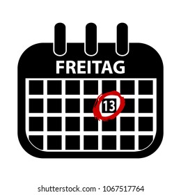 Friday 13th Calendar - Black Vektor Illustration - German Word Freitag - Isolated On White Background