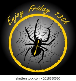 Friday 13th, elegant badge with spider crusader, cobweb in yellow circle on black gradient background. Vector EPS 10