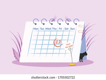 Friday 13th flat concept vector illustration. Calendar and black cat 2D cartoon composition for web design. Common superstition, unlucky day creative idea. Sinister calendar date, bad omen