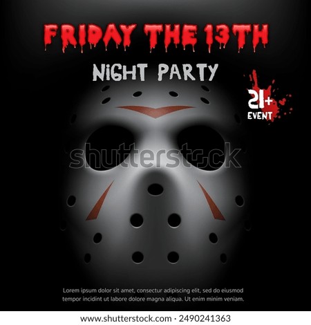 Friday the 13th horror banner with 3d hockey mask and red blood in black background for Halloween dark night club party invitation card, Scary birthday event theme poster template, decoration. Vector