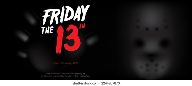 Friday the 13th horror banner with mysterious shadows of hockey mask in black background with Friday the 13th text for Halloween dark night party invitation card, horror poster. Vector illustration.