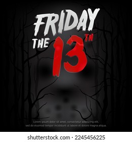 Friday the 13th horror banner with mysterious shadows of hockey mask in black background with Friday the 13th text for Halloween dark night party invitation card, horror poster. Vector illustration.