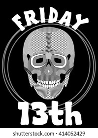 Friday 13th. Image with skull. 13 Friday unlucky day. Illustration with skull. Skull drawing. 