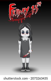 Friday 13th logo with little ghost girl with black eyes illustration