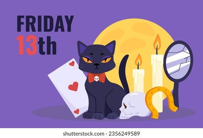 Friday 13th poster. Mysticism and paranormal phenomena, rituals. Black cat with cards and candles, mirror. Scary day. Template, layout and mock up. Cartoon flat vector illustration