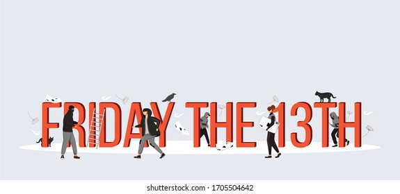 Friday the 13th word concepts flat color vector banner. Isolated typography with tiny cartoon characters. Bad luck signs and criminals. Superstitious date creative illustration on gray