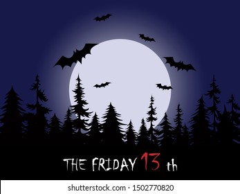 Friday the 13th word with Full moon in pine tree forest vector illustration.Friday  13th is considered an unlucky day in western superstition