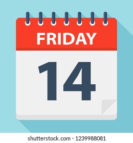 Friday 14 - Calendar Icon. Vector illustration of week day paper leaf.