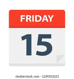 Friday 15 - Calendar Icon. Vector illustration of week day paper leaf.