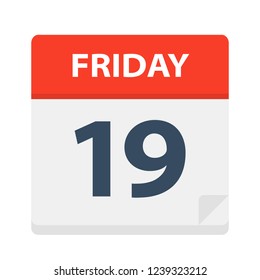 Friday 19 - Calendar Icon. Vector illustration of week day paper leaf.