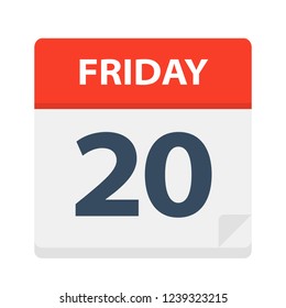 Friday 20 - Calendar Icon. Vector illustration of week day paper leaf.
