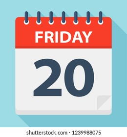 Friday 20 - Calendar Icon. Vector illustration of week day paper leaf.