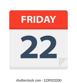 Friday 22 - Calendar Icon. Vector illustration of week day paper leaf.