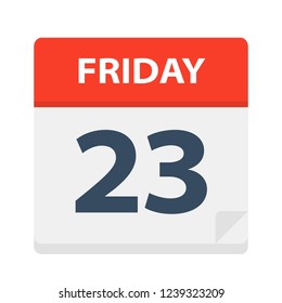 Friday 23 - Calendar Icon. Vector illustration of week day paper leaf.
