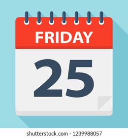 Friday 25 - Calendar Icon. Vector illustration of week day paper leaf.