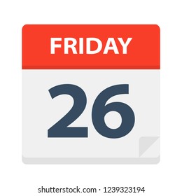 Friday 26 - Calendar Icon. Vector illustration of week day paper leaf.