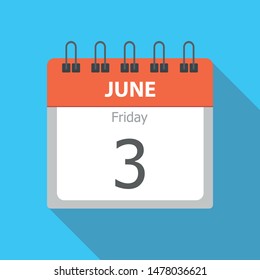 Friday 3 - June - Calendar icon. Flat vector illustration of week day paper leaf.