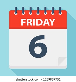 Friday 6 - Calendar Icon. Vector illustration of week day paper leaf.