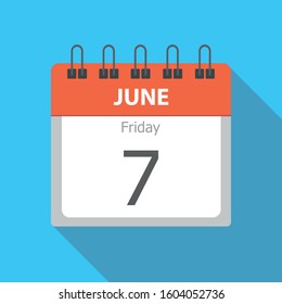 Friday 7 - June - Calendar icon. Flat vector illustration of week day paper leaf.