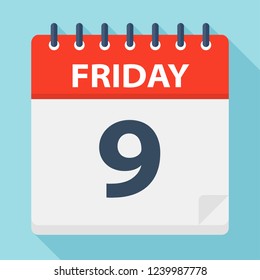 Friday 9 - Calendar Icon. Vector illustration of week day paper leaf.