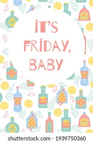 It's friday baby concept with different bottles of alcohol drinks. Party, pub, restoraunt or club banner. alcohol coctail. Vector illustration