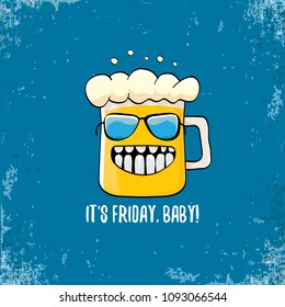 Its friday baby vector concept illustration with funky beer hand drawn character isolated on grunge blue background. happy friday vector background or poster