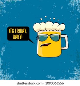 Its friday baby vector concept illustration with funky beer hand drawn character isolated on grunge blue background. happy friday vector background or poster