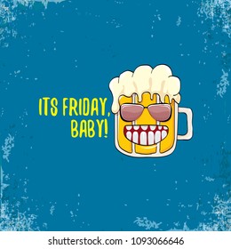 Its friday baby vector concept illustration with funky beer hand drawn character isolated on grunge blue background. happy friday vector background or poster