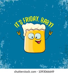Its friday baby vector concept illustration with funky beer hand drawn character isolated on grunge blue background. happy friday vector background or poster