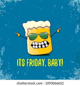 Its friday baby vector concept illustration with funky beer hand drawn character isolated on grunge blue background. happy friday vector background or poster