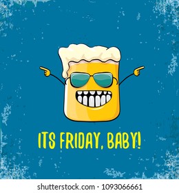 Its friday baby vector concept illustration with funky beer hand drawn character isolated on grunge blue background. happy friday vector background or poster