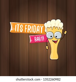 Its friday baby vector concept illustration with funky beer character isolated on wooden background. happy friday vector background 
