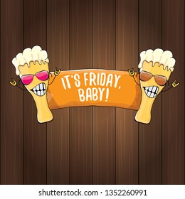 Its friday baby vector concept illustration with funky beer character isolated on wooden background. happy friday vector background 