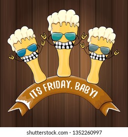 Its friday baby vector concept illustration with funky beer character isolated on wooden background. happy friday vector background 